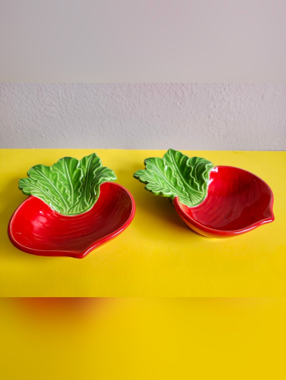 Red Ceramic Lettuce Leaf Serving Bowls with Green Detail. Set Of 2